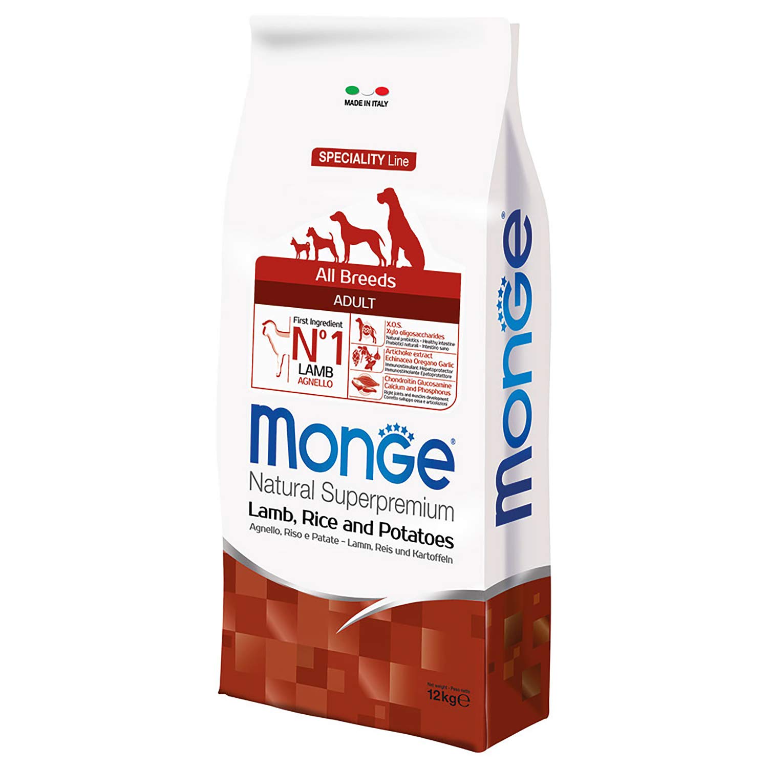 Monge Natural Superpremium Adult for Dogs for All Breeds (Dry Food with Lamb, Rice and Potatoes, Very Rich in Fibre and Vitamins, 12 kg)