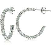 Sterling Silver Cubic Zirconia Half Round Hoop Earrings