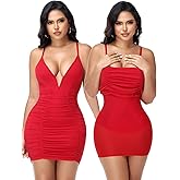 SHAPERIN Shapewear Dress Sexy Deep V Neck Ruched Bodycon Cocktail Party Mini Dresses for Women