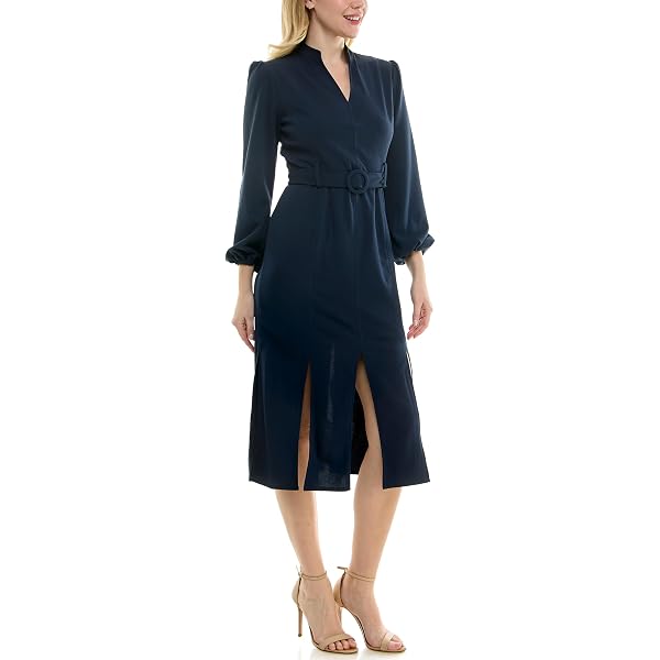 MAISON TARA WOMEN’S LONG SLEEVE V-NECK BELTED CAR WASH HEM SHEATH DRESS, NAVY