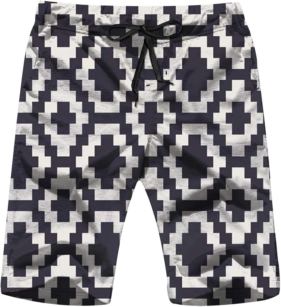 X-Large Geometric Mens Board Shorts Beach Lightweight Home Casual Shorts Swim-Trunks with Quick Dry