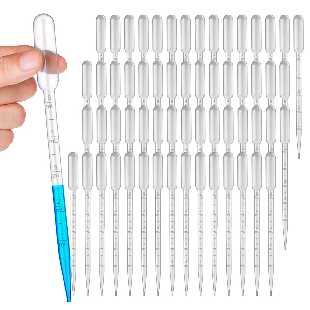 100Pcs Plastic Transfer Pipettes, 5 ML Disposable Plastic Dropper Disposable Transparent Graduated Pipettes for Watercolor Art DIY Liquids Laboratory Experiment Transparent