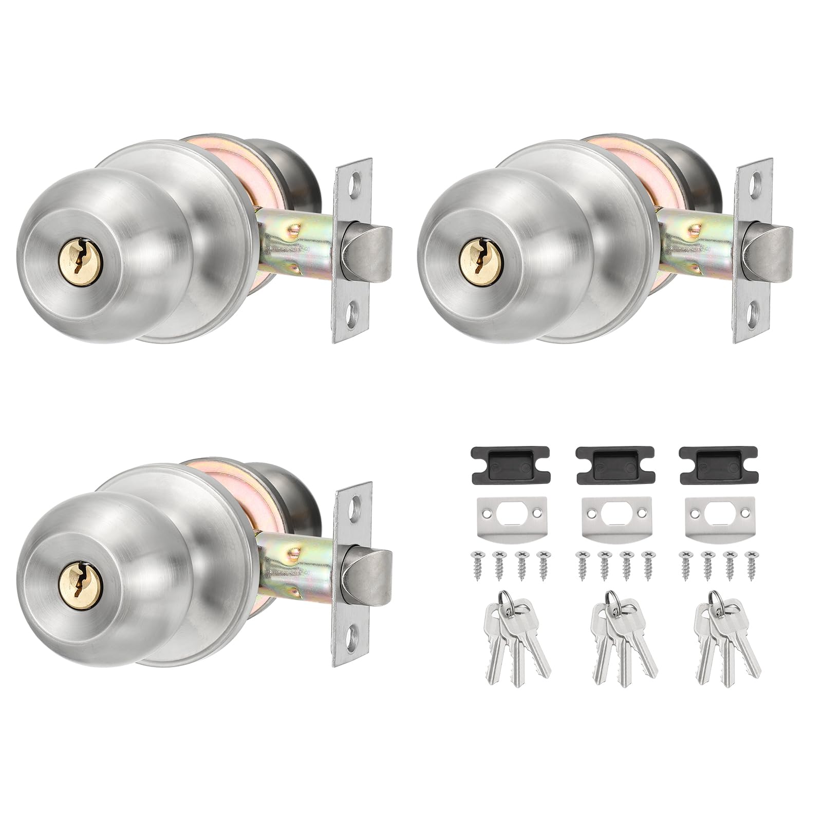 PATIKIL Round Key Entry Door Knobs Interior, 3 Pack Round Stainless Steel Bedroom Bathroom Door Knob with Lock Entry Indoor Outdoor Door, Silver