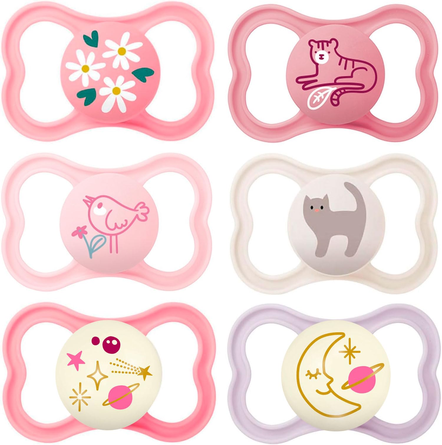 Mam Day & Night Mam Air Skin Soft Silicone Dummy 16+ // Mam Air Night Girl // Set of 6 // incl. 3 sterilisation transport boxes.
