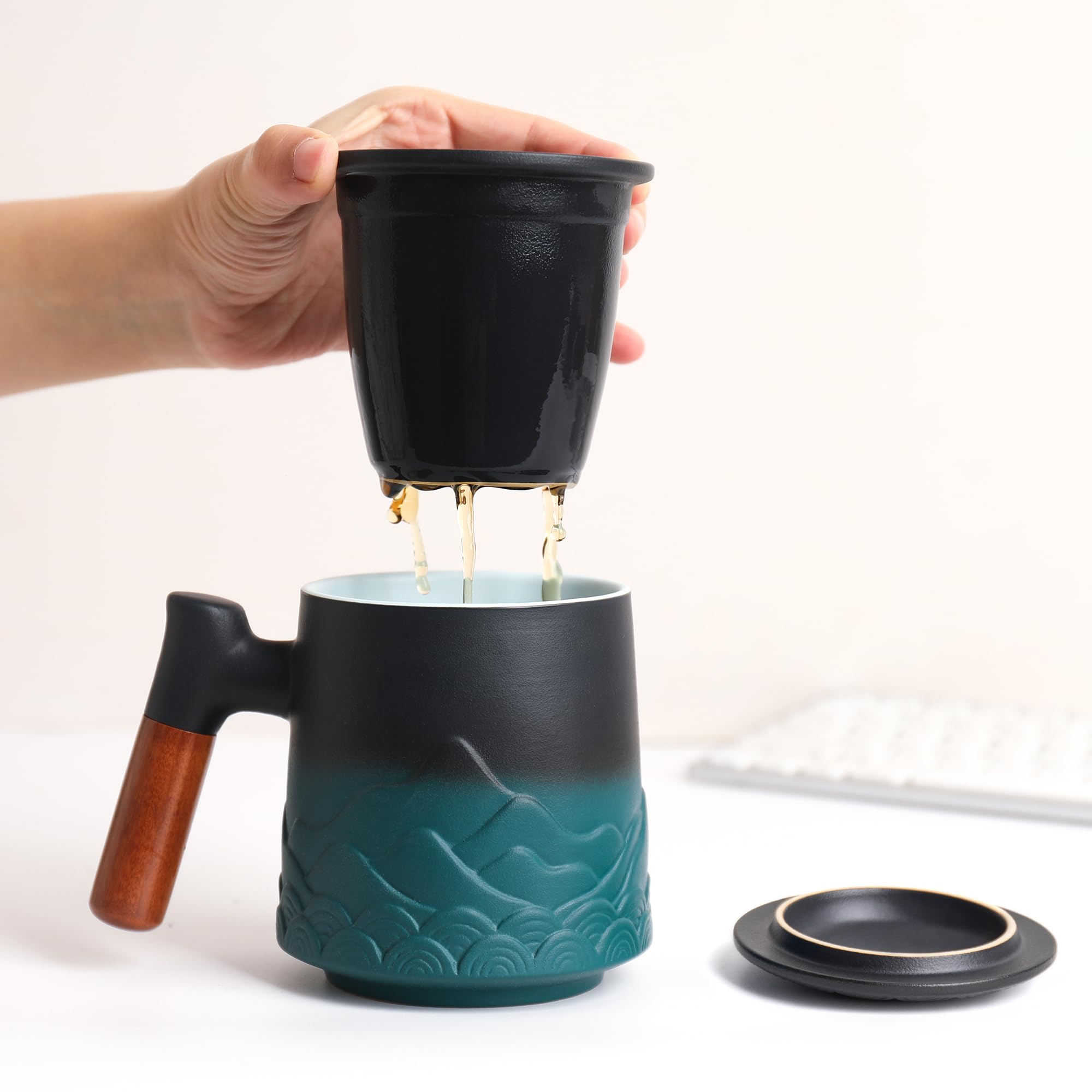 Zenoza Teetasse mit Deckel und Sieb, 500ml Große Keramik Teebecher, Teetassen Handgemacht, Geschenk für Teeliebhaber(Grün) 3