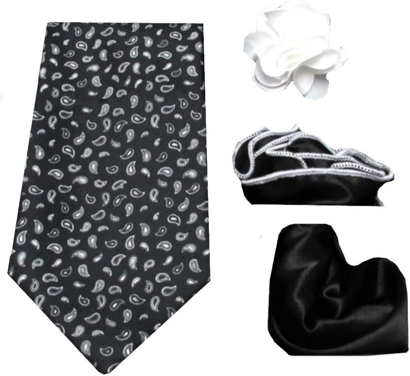 Men's 4 PC Micro Paisley Tie Necktie, Two Pocket Squares & Flower Lapel Pin Set