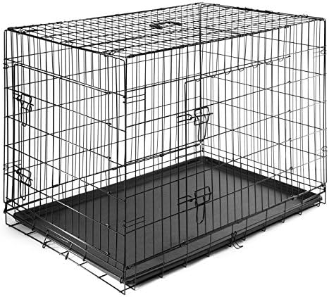 SmithBuilt 42" Extra Large Portable Dog Crate Cage - XL Folding Two-Door Metal Wire Pet & Animal Kennel - ABS Tray Pan - Black