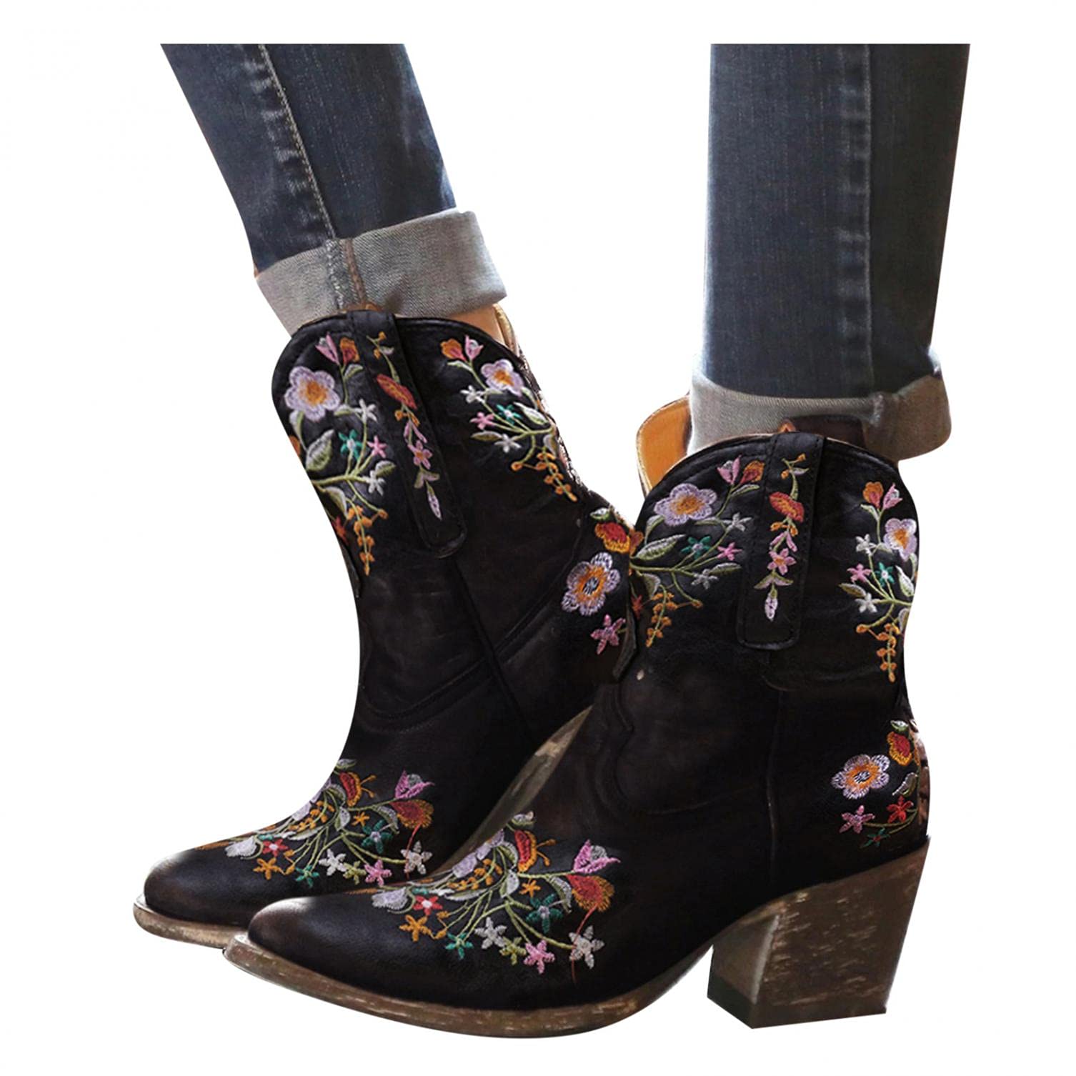 Hbeylia Cowboy Boots For Women Vintage Embroidery