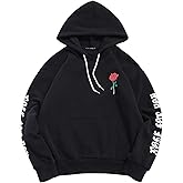 ZAFUL Men's Fleece Hoodie Unisex Rose Letter Print Hooded Pullover Kangaroo Pocket Sweatshirt