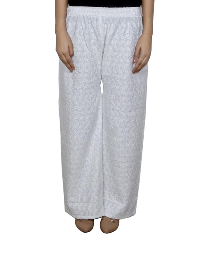 IndiWeaves Women Pure Cotton Full Chikan White Palazzo at Amazon Womenâs Clothing store
