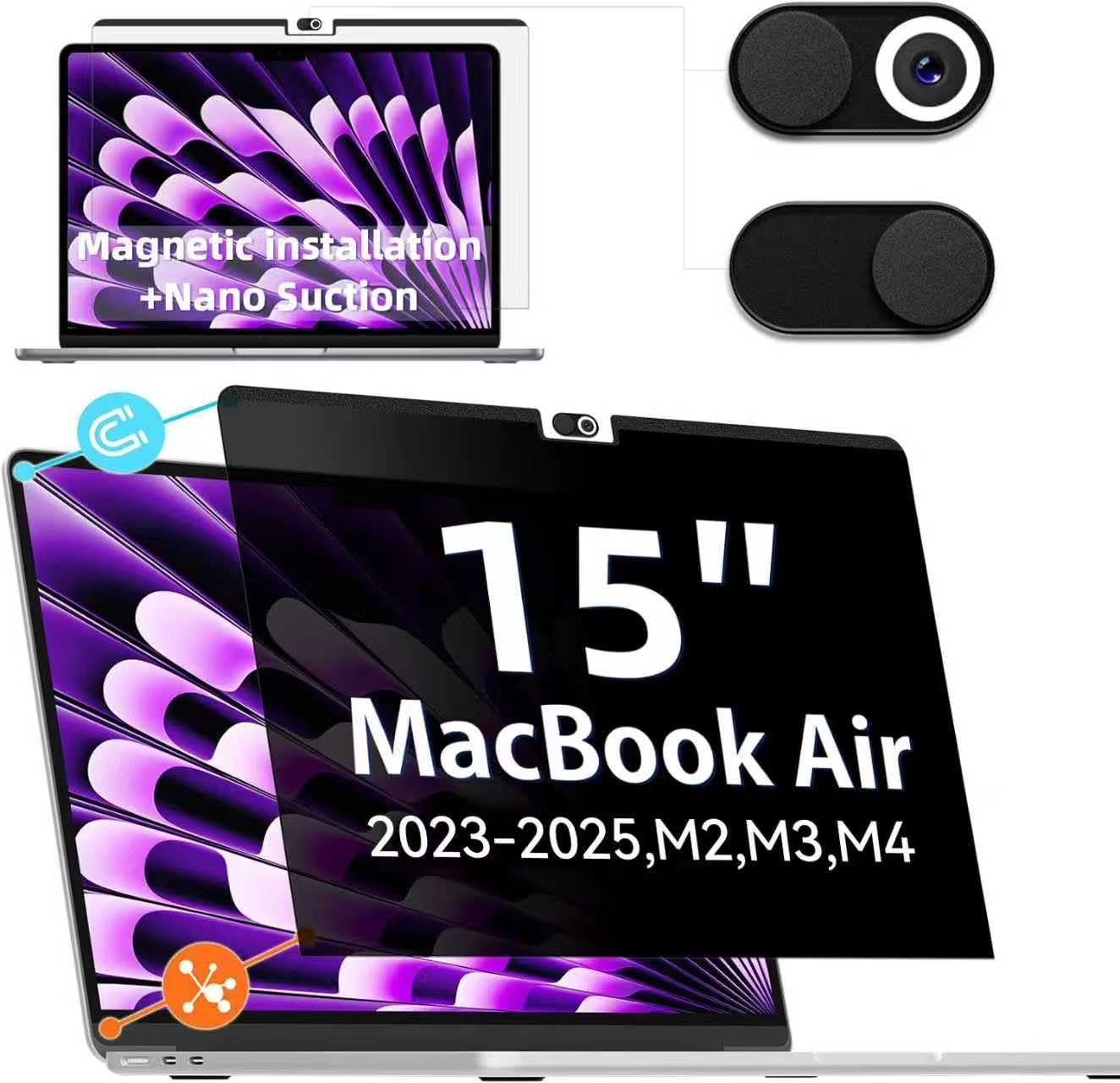 IPROKKO Magnetic Privacy Screen Protector, for MacBook Air 15 Inch (2023-2025, M2 M3 M4) - A2941 A3114 A3241, Removable Anti Glare Blue Light Mac Air 15.3 Laptop Black Private Filter