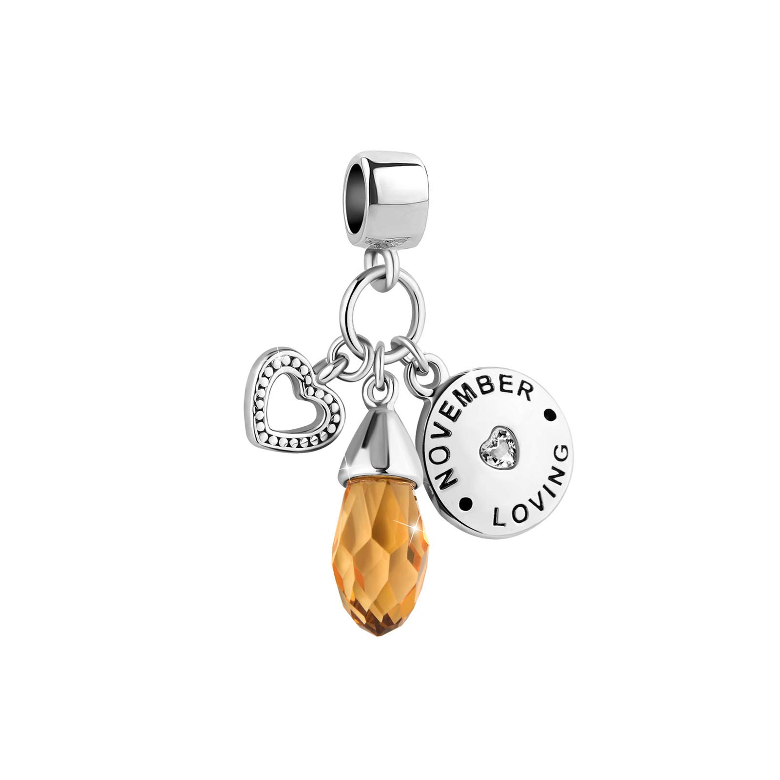 November Loving Yellow Birthstone Heart Dangle Charm fits Pandora Charms Bracelets Birthday Jewellery Gift for Women Daughter Granddaughter Sister Friendship