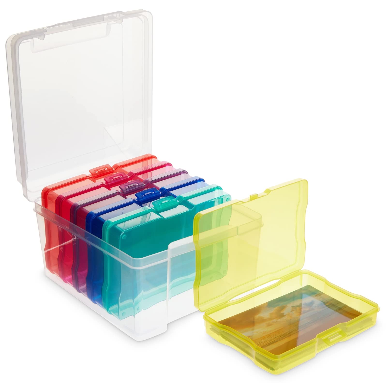Photo 1 of (USED/FAIR) Paper Junkie Photo Storage Box - 4 x 6 in Clear Plastic & 6 Multicolor Inner Cases - Snap-Close Photo Storage Containers & Sticker Box