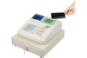 QEUSULIO 48 Keys Electronic Cash Register, Cash Register POS Systems, Square POS Terminal Cash Register with Drawer, Thermal Printer & 8 Digital LED for Supermarkets Shopping Malls Restaurants (White)