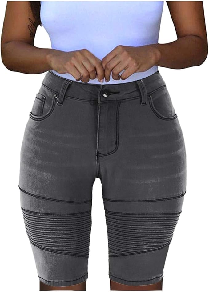 Hot Girls Women's Denim Knee Length Shorts Mid Waist Hole Short Jeans Midi Pants Bottoms Jeans 