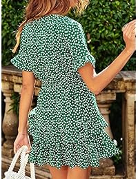 GAMISOTE Vestido floral con cuello en V para mujer, manga corta, con volantes, con nudo en la parte delantera, mini vestidos