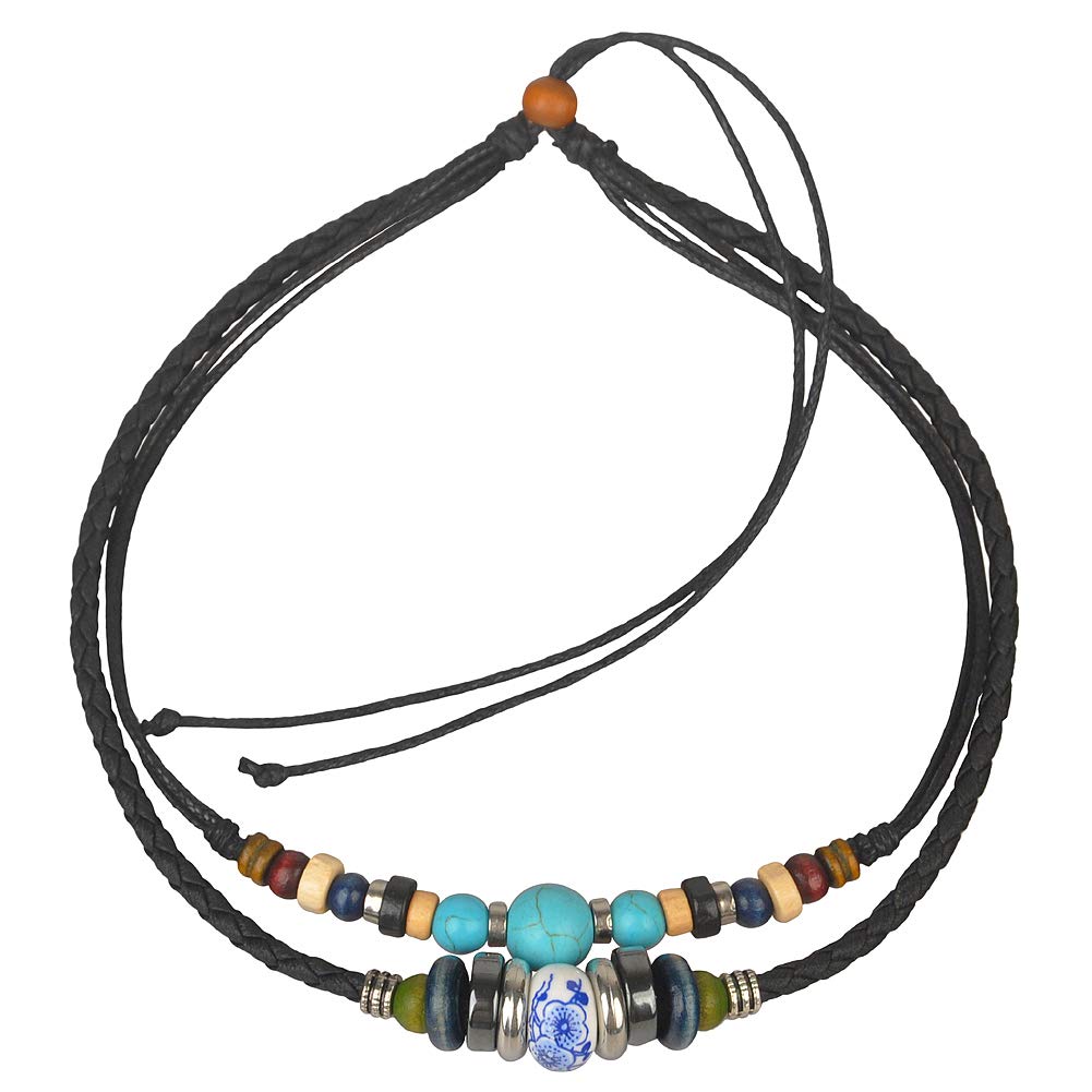 Ancient Tribe Double Layer Tribal Choker Necklace – Black Braided Leather & Cord with Turquoise Bead, Metal & Wooden Accents – 37cm Adjustable Handmade Boho Necklace for Men and Women