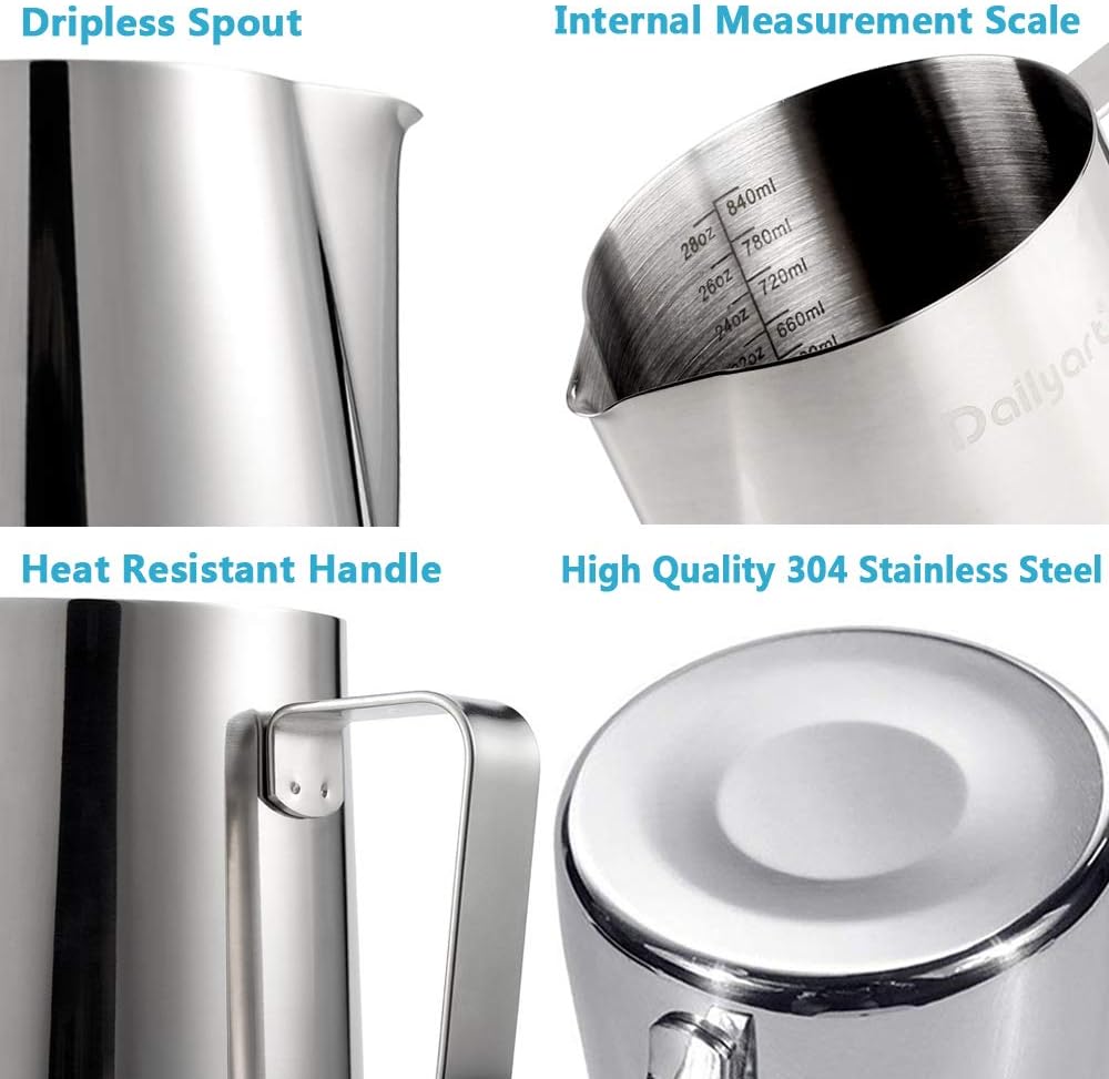 Dailyart Milk Frother Jug 900ml/30fl.Oz. 304 Stainless Steel Metal Milk Jug for Coffee Machine - Image 5