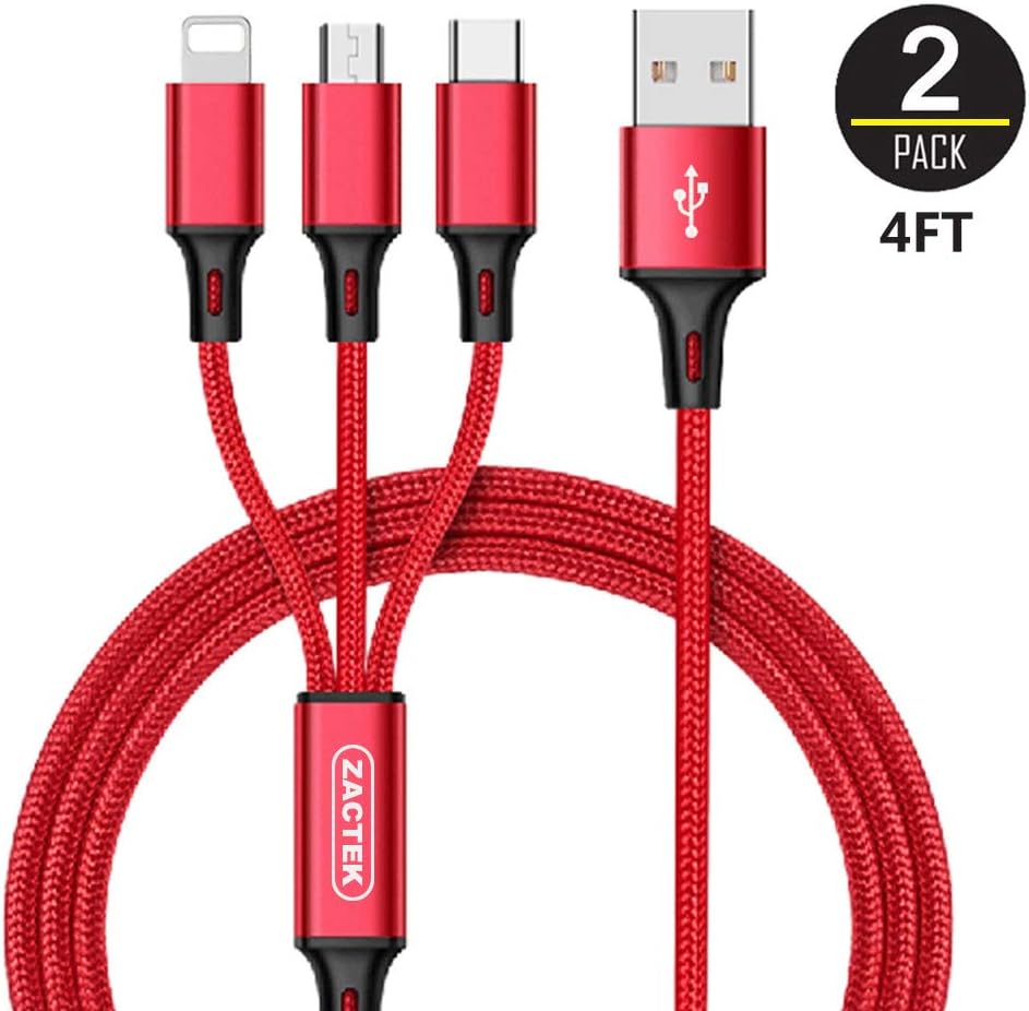 2Pack Multi Charger Cable-ZACTEK- Nylon Braided (4FT) USB Charging Cable Adapter with USB Type C/Micro USB connectors for Mobile Phones Tablets and More