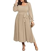 SHESTARR Women's Plus Size Dress Long Sleeve Smocked Square Neck Ruffle Pleated Flowy Wedding Guest Maxi Fall Dress