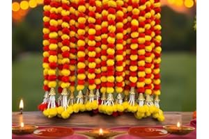 Krati Exports 5 Pc 5 feet Long Marigold Garland for Decoration Long Strands Artificial Marigold Flowers | Indian Décor for Pooja | Wedding | Christmas | Diwali Decor (Yellow & Orange)