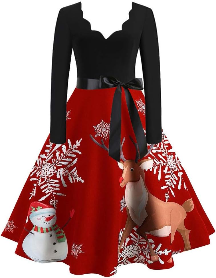 Christmas Dress Cocktail Party Evening Swing Bridesmaid Dress Slim Fit Retro Printed Dresses Year 50 Dress Winter Long Sleeve Dress Ceremony T-Shirt Swing Jersey Knee Long Dress