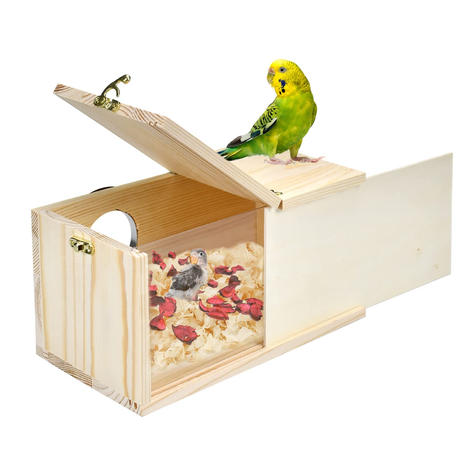 Photo 1 of CooShou Parakeet Nesting Box Cockatiel Nesting Natural Pine Bird Nest Bird Breeding Box House Acrylic Transparent Bird Box with Detachable Wooden Board for Lovebirds Cockatiel Budgie Conure Parrot S