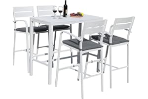Soleil Jardin Outdoor Aluminum 5-Piece Bar Set, Dining Bistro Pub Set, Patio Bar Height Chairs with Cushion & Slatted High Top Table for Backyard Garden Pool, White