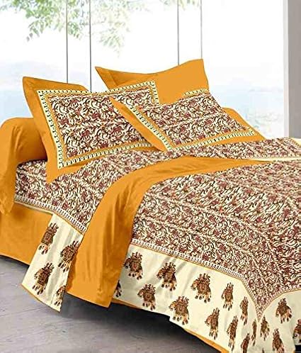 UniqChoice Jaipuri Print Rajasthani Tradition 210 TC Cotton Double Bedsheet with 2 Pillow Covers - Yellow