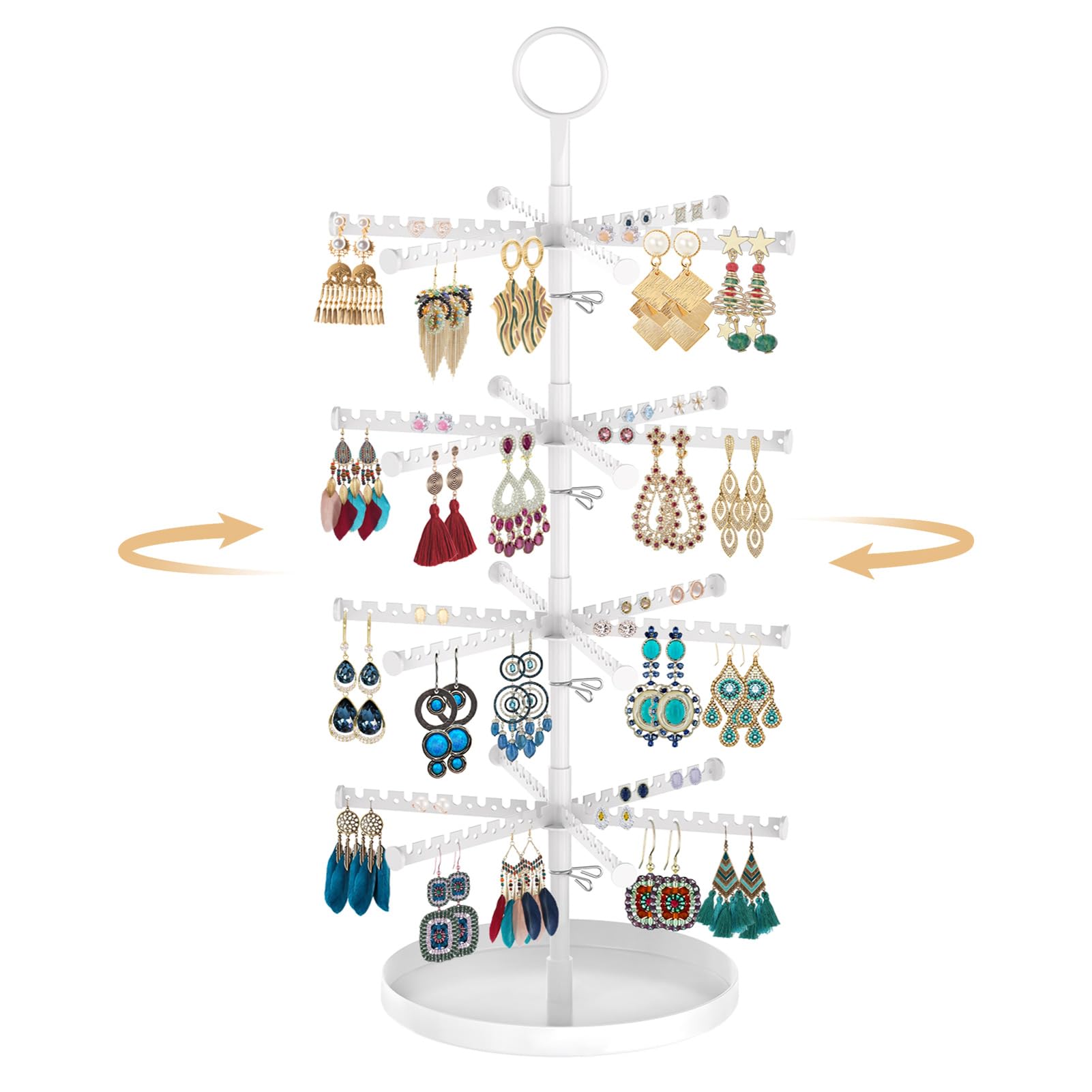 Photo 1 of MODOWEY 4 Tier Rotating Earring Holder Organizer, Adjustable Metal Earring Display Stand Rack for Women Girl, 384 Holes and Grooves Earring Tower Tree Organizer for Necklace Bracelet Ring(White)