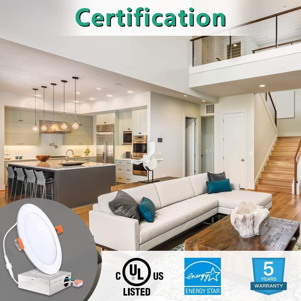 Freelicht 12 Pack 6 Inch Ultra-Thin LED Recessed Ceiling Light with Junction Box, 12W Eqv 110W, 5000K Daylight Dimmable Can-Killer Downlight, 850LM High Brightness - ETL and Energy Star - - 