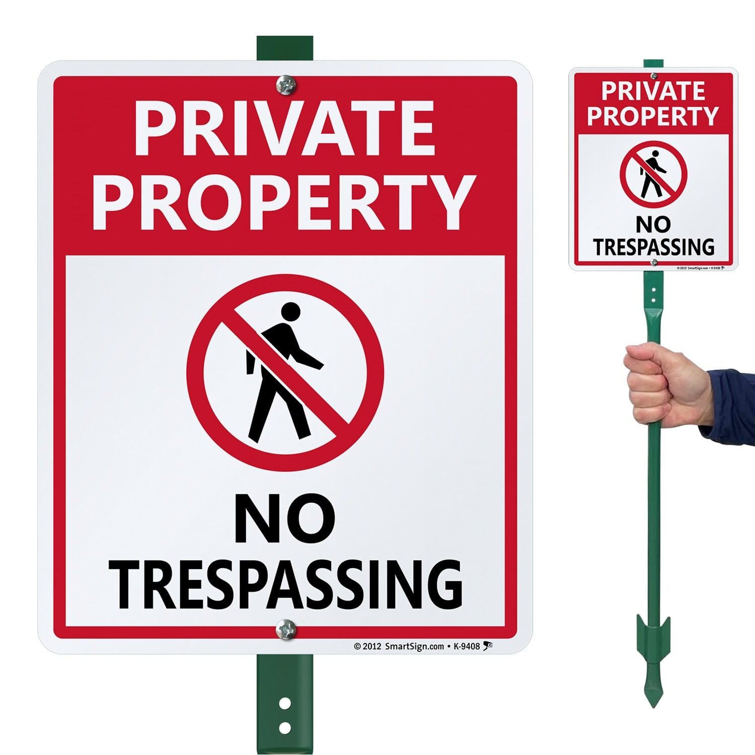 SmartSign No Trespassing Signs Private Property, 10 x 12 Inches Aluminum Sign with 3 Feet Stake