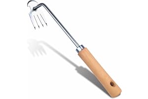 SHANFEEK Weed Puller with 4-Claw Weeding Artifact Uprooting Weeding Tool Gardening Hand Tools Garden Rake Weed Remover Tool Stainless Steel with Hard Solid Wood Handle(Brown)