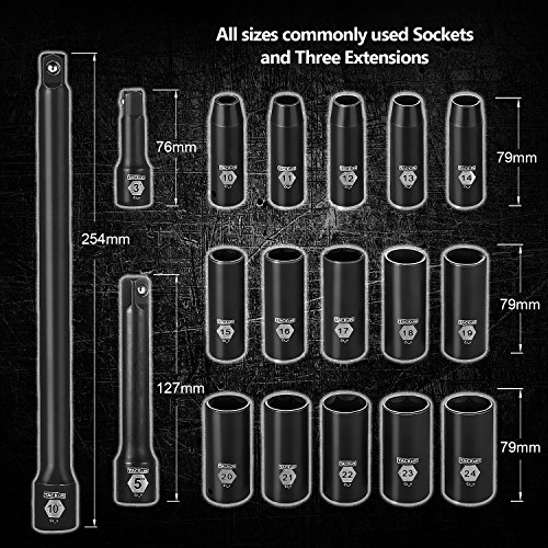 TACKLIFE Drive Impact Socket Set, 18pcs 1/2-inch Drive Deep Impact Socket Set, 6 Point, 10-24mm, 15pcs Metric Sockets with 3pcs 1/2-Inch Drive Impact Extension Bar Set - HIS1A