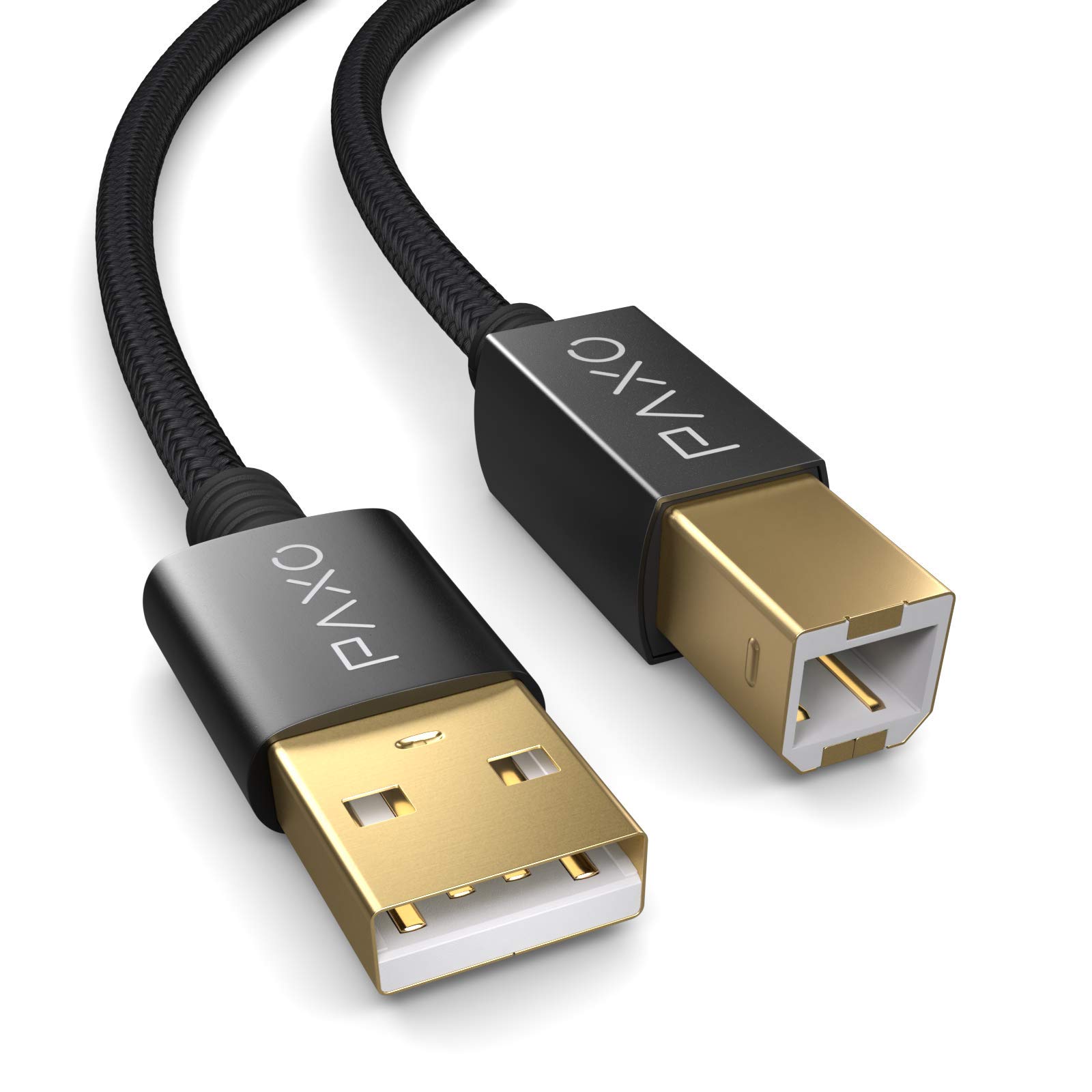 PAXO 1m nylon USB printer cable, black, USB A plug to USB B, charging cable, data cable, gold plug
