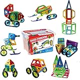 Magnetic Blocks , IMOO 55-Pcs Set 4D Magnetic Building Blocks, Educational Construction Magnetic for Kids, Varied Shapes in Rainbow Colors, Strong Metallic Rivets, Wheels & Storage Box