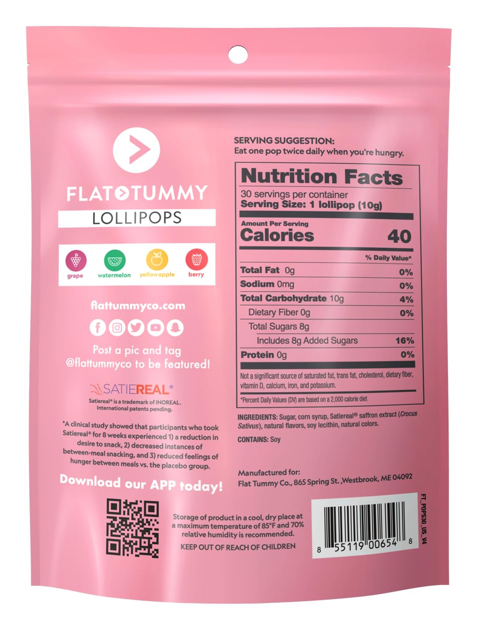 Flat Tummy Lollipops, Pack of 30 – Crush Cravings and Avoid Unwanted Calories - Apple, Grape, Watermelon & Berry – Delicious Low Calorie Diet Candy – Clinically Proven Ingredient
