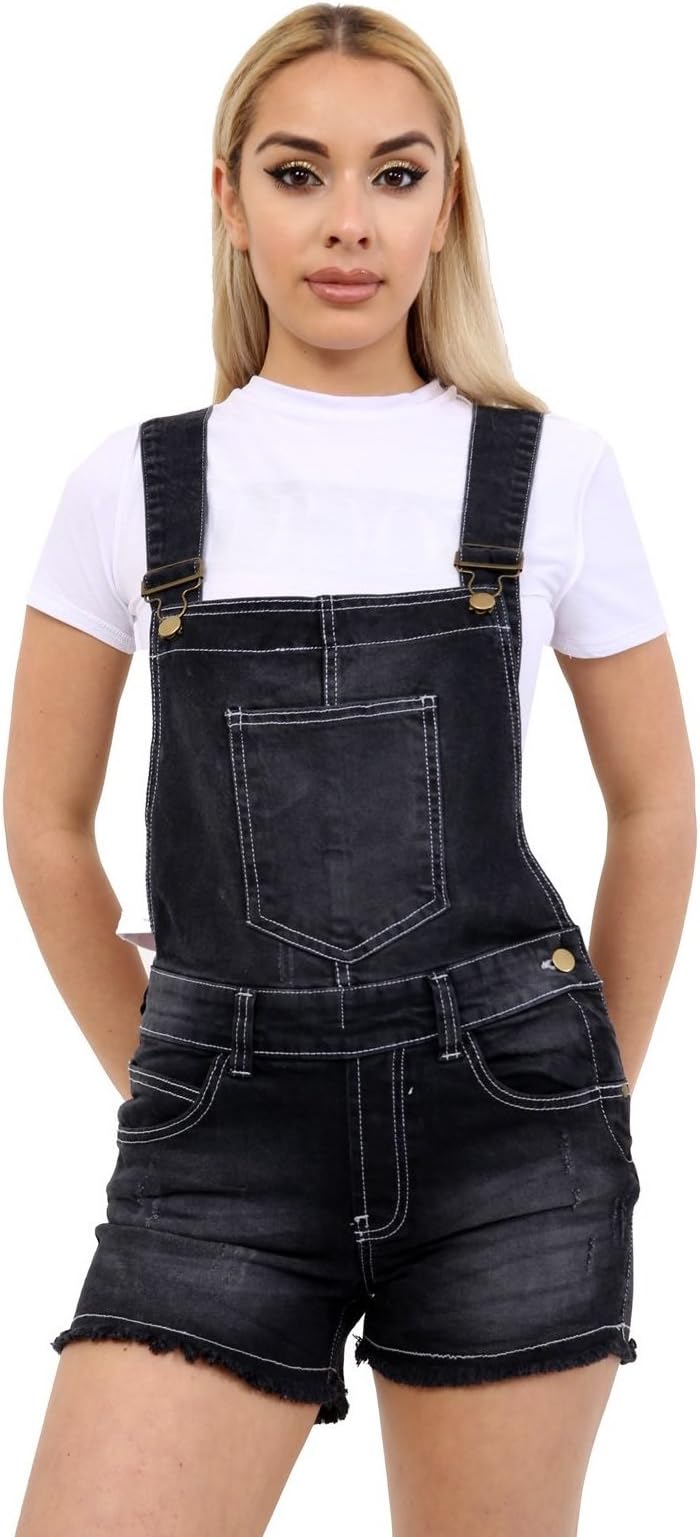 Red Olives Women's Ladies Denim Style Pinafore Dungaree Girls Shorts Dress Jumpsuit UK Size 8 10 12 14 16