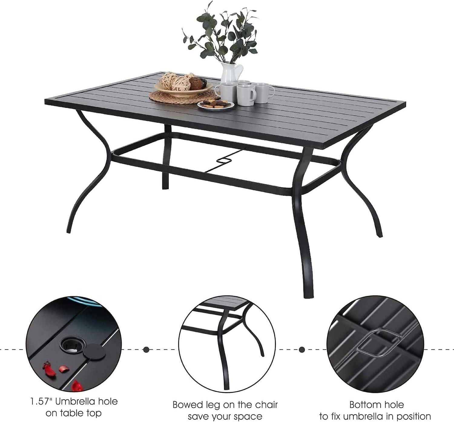PHI VILLA Outdoor Patio 60" x 38" Rectangle Dining Table for 6-8 Person with Umbrella Hole, Classic Black: Kitchen & Dining