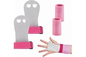 Gymnastics Hand Grips Wristbands Sets Gymnastic Leather Palm Hand Grips Protectors Set of 2 Pink Gymnastics Grips with 2 Wris