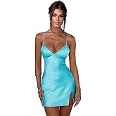 Monvelli Spaghetti Straps Satin Homecoming Dresses 2026 for Teens with Slit Short Tight V Neck Party Cocktail Prom Gowns