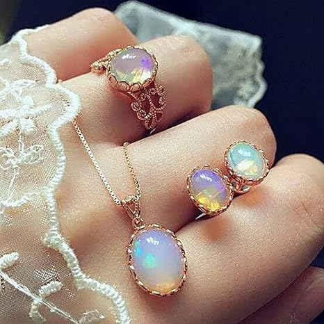 FEIDA Hochzeit Halskette Ring Ohrstecker Set Oval Faux Opal Elegant für Damen Verlobung - Rosegold