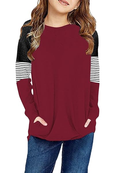 SELINK GIRLS CASUAL T SHIRTS LONG SLEEVE BASIC TEES COLOR BLOCK CREWNECK TUNIC SHIRT BLOUSE TOPS A WINE 81 M