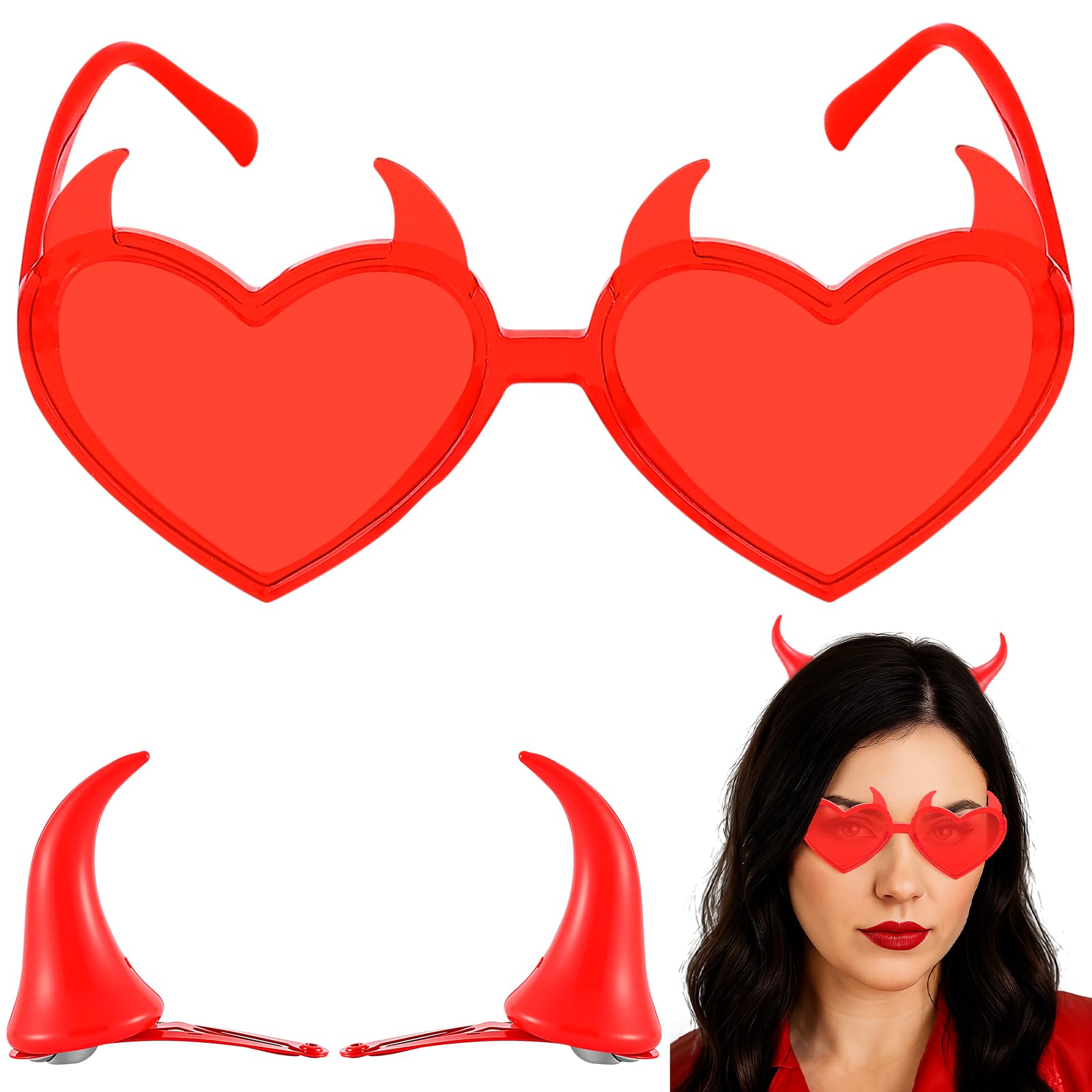 Photo 1 of ***8 INCLUDED***Daifunli Halloween Devil Horns and Sunglasses Costume Set for Women Devil Ears Hair Clips Heart Glasses for Halloween Costume Accessories Cosplay Dress up Party Adult Festival Headwear Red***8 INCLUDED**