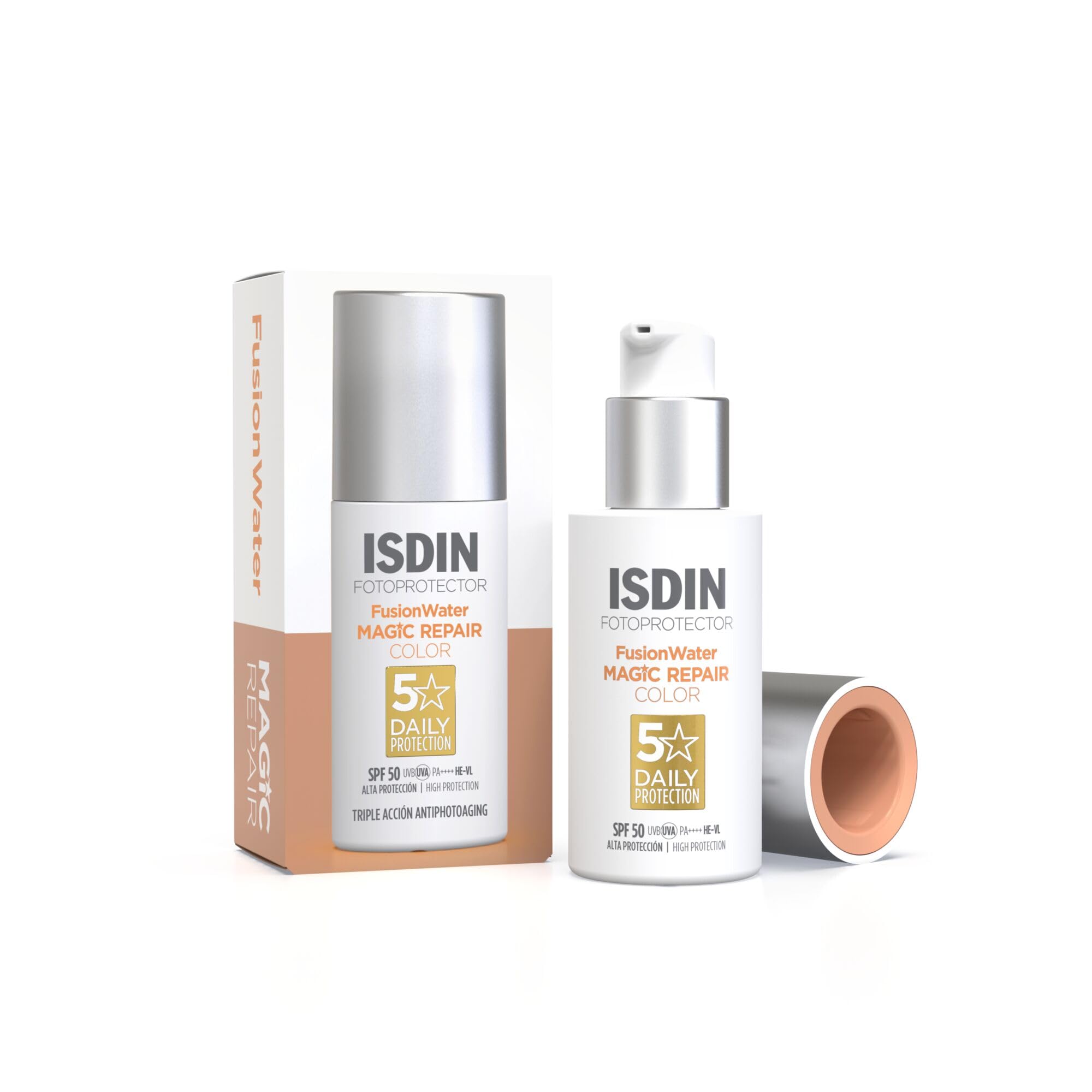 ISDIN Fusion Water MAGIC Repair Color SPF 50 - Tinted Anti-Ageing Sunscreen - Triple Action: Repairs DNA, Reduces Wrinkles & Evens Skin Tone - Natural Glow, 50ml