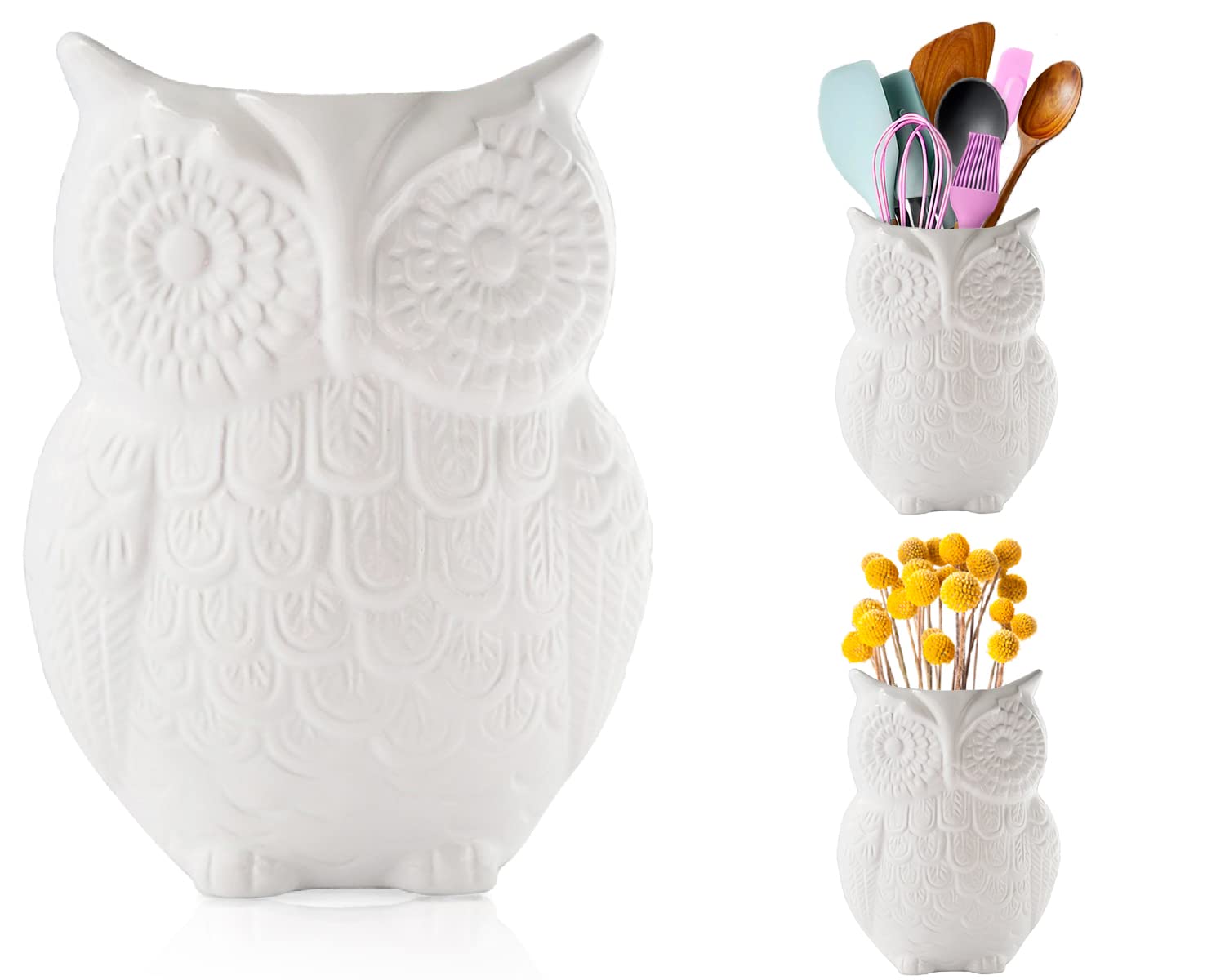 Comfify Owl Utensil Holder Decorative Ceramic Cookware Crock & Organizer, in Lovely White Color - Utensil Caddy and Perfect Kitchen Ceramic Décor Gift - 12.7 x 17.8 x 10.2 cm Size