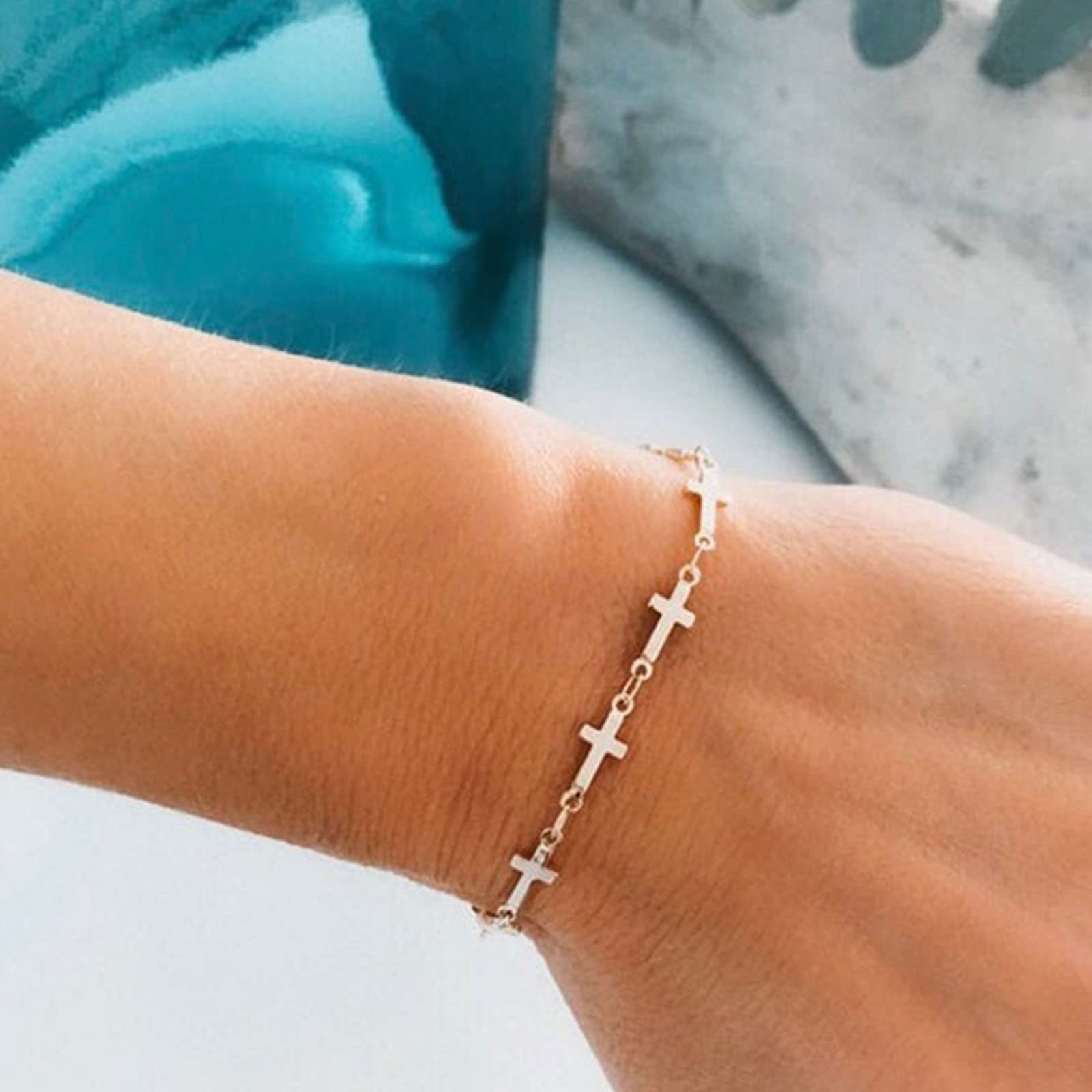 Yienate Crucifix Bracelet Gold Cross Satellite Chain Wrist Chain Boho Crucifix Station Hand Chain Minimalist Cross Bracelets Jewelry Gifts for Women Girls