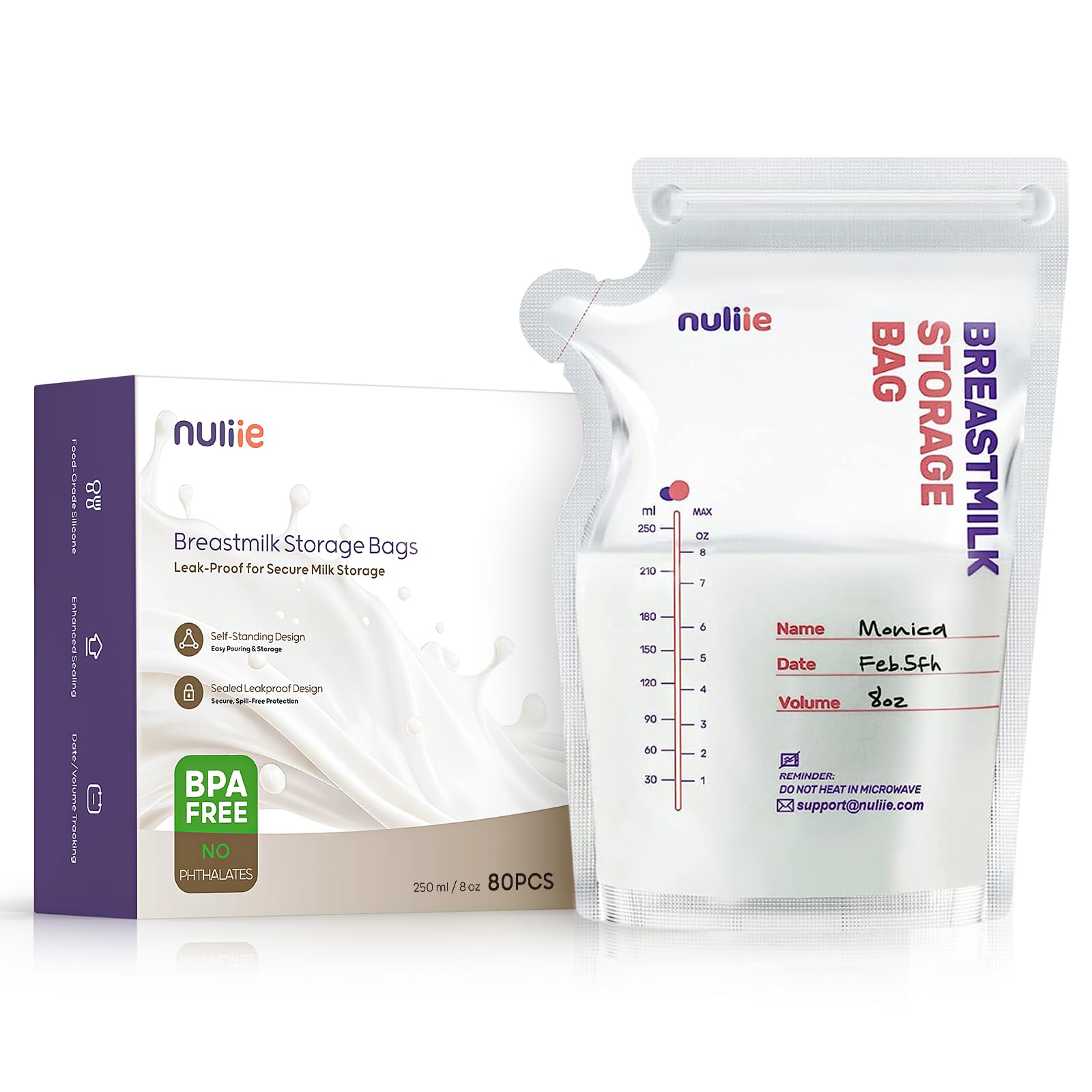 Nuliie 80 Pcs Breast Milk Storage Bags, 250ml BPA Free Milk Storage Bags with Pour Spout for Breastfeeding, Self-Standing or Flat Pre-sterilised Bag, Space Saving for Fridge or Freezer Use