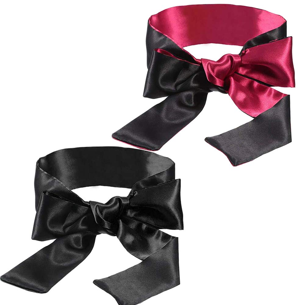 2 Pack Satin Blindfold, Silk Blindfold Sleep Mask Eye Cover for Women Men, Sleep Blind Folds Set Eye Blindfolds for Sleeping Games 150 cm (Black Red and Black)