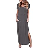 Ekouaer Women's Nursing Dress Summer V Neck Short Sleeve Maternity Split Long Dresses for Breastfeeding with Pockets S-XXL